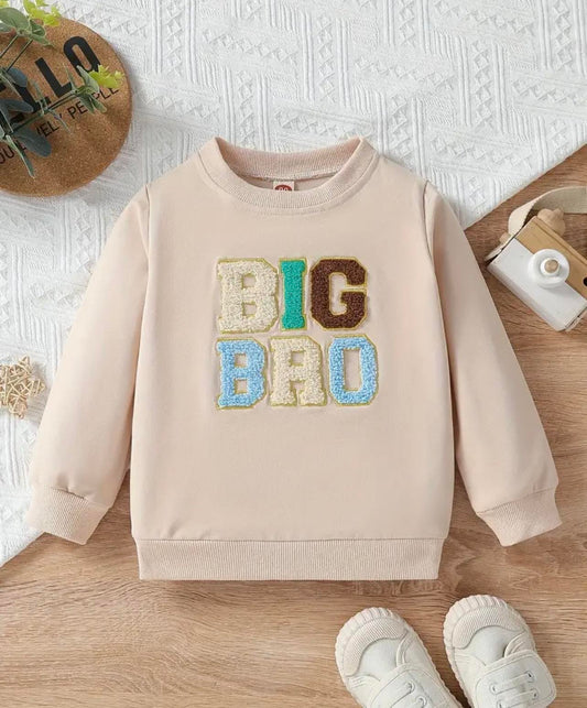 Beige crew neck jumper with "Big Bro" lettering in green, blue, and brown—perfect for announcing a new big brother in Australia