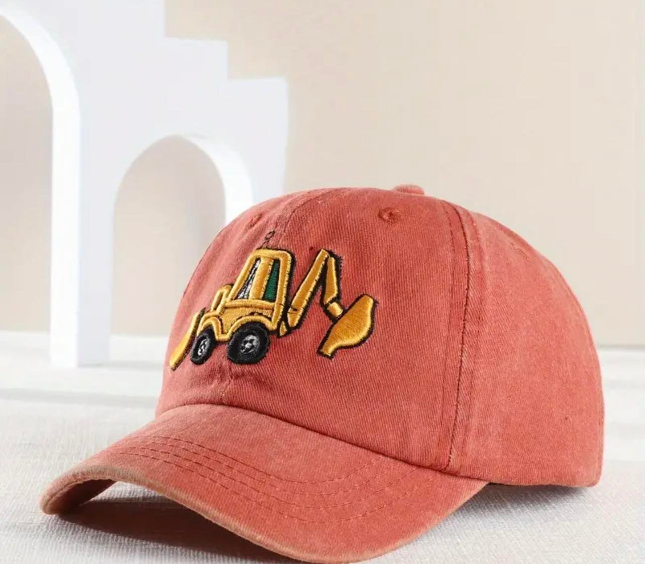 Burnt orange kids hat with vintage excavator embroidery