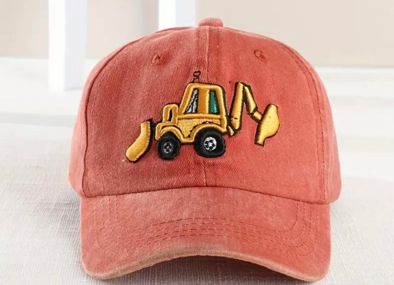 Burnt orange vintage kids cap with excavator embroidery