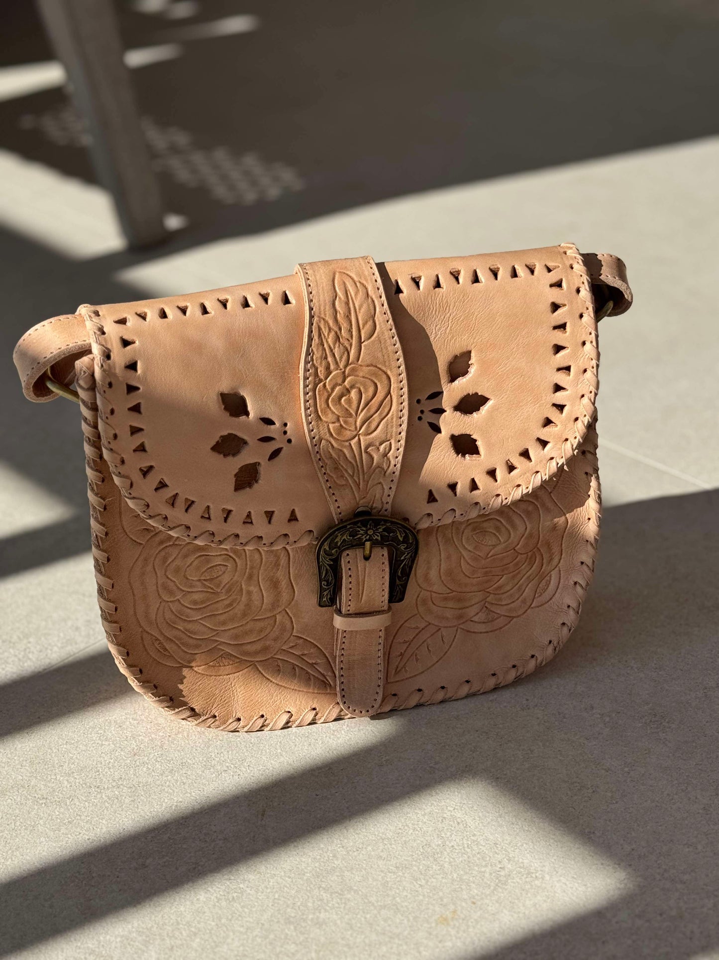 : Buy the "Desert Rose" Hand Tooled Rustic Rose Leather Saddle Bag,