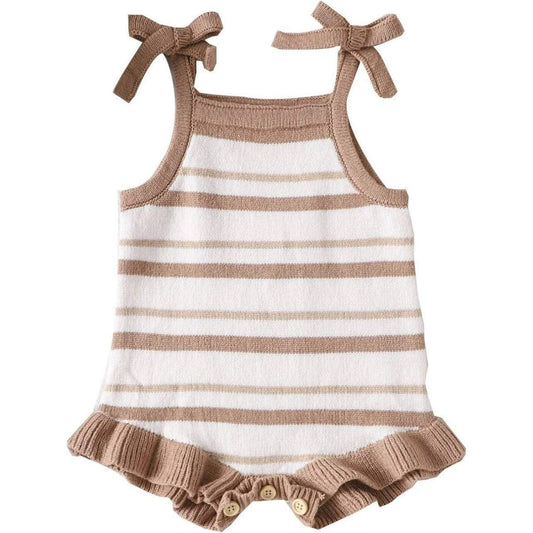 Close-up of Chocolate Striped Frilly Knit Romper with Ruffle Legs: A detailed view showing the brown stripe pattern and frilly ruffle legs of the knit romper, ideal for summer.