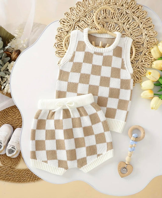 Cream and coffee checkered two-piece summer knit set for babies featuring a sleeveless vest and matching shorts.