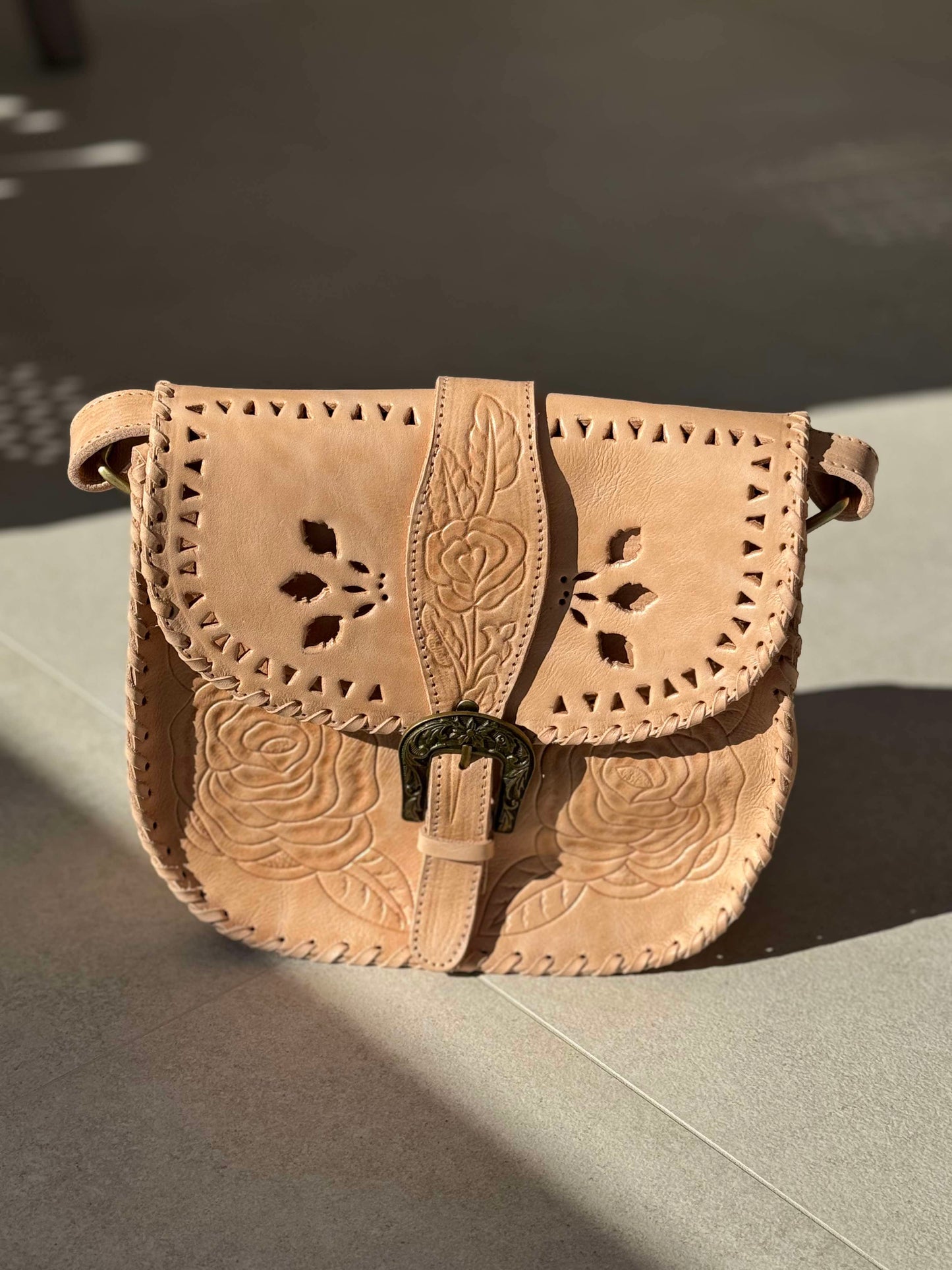 "Desert Rose" Hand Tooled Rustic Rose Leather Crossbody Saddle Bag