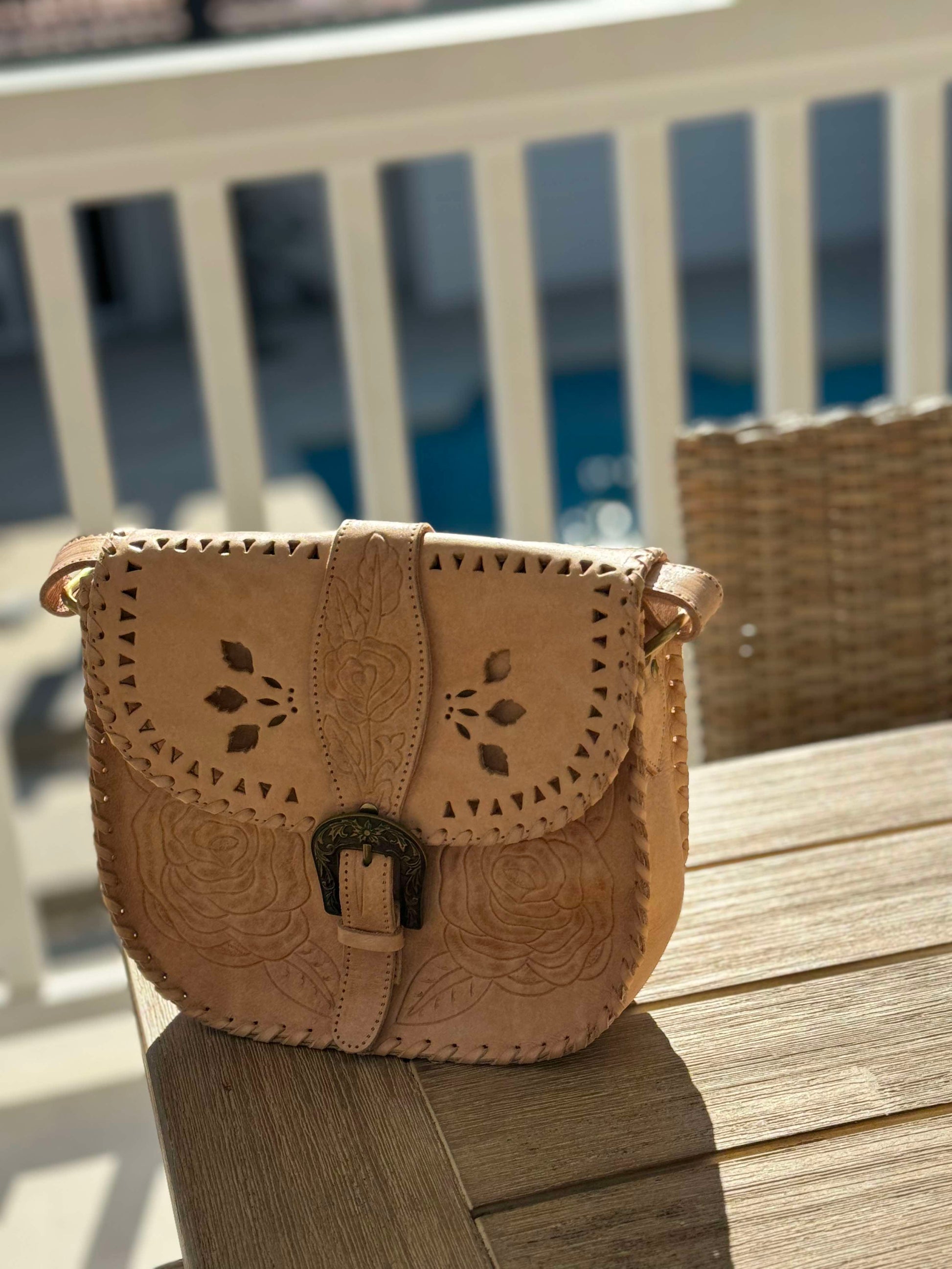 "Desert Rose" Hand Tooled Rustic Rose Leather Crossbody Saddle Bag