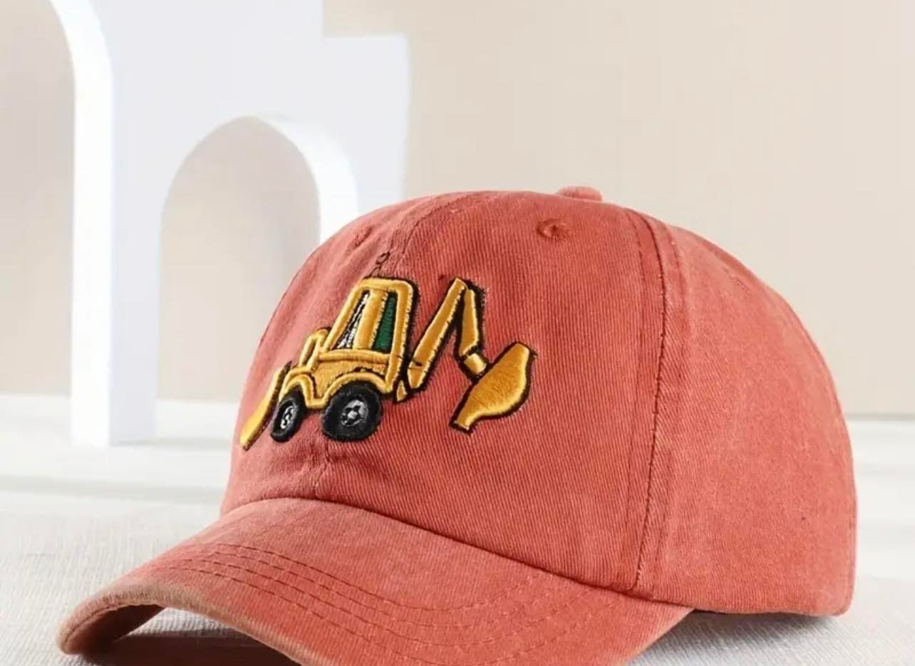 Red washed look boys baseball cap with retro JCB Digger