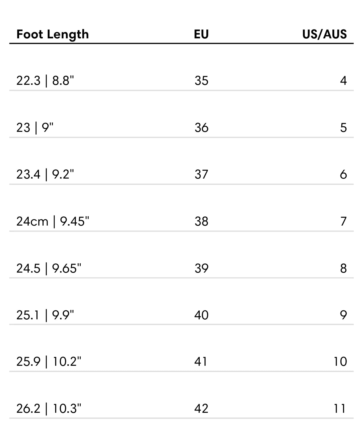 Size guide for Leather Rope Strap Sandals