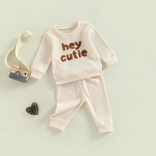 Hey Cutie apricot 2-piece waffle tracksuit set for toddlers in Australia.