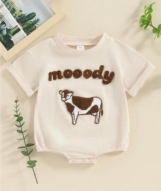 Moody Short Sleeve Romper with cow embroidery