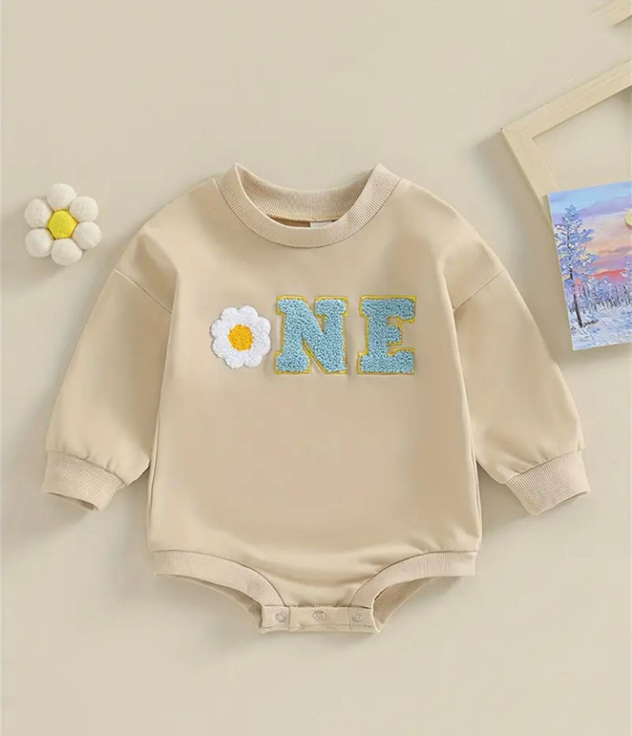 'ONE' Cute Flower Embroidered Long Sleeve Romper - A cozy and stylish outfit for toddlers, perfect for spring and autumn.