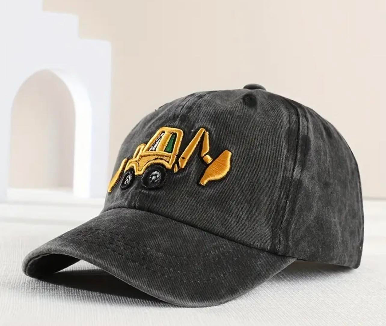 Retro black excavator-themed kids baseball hat