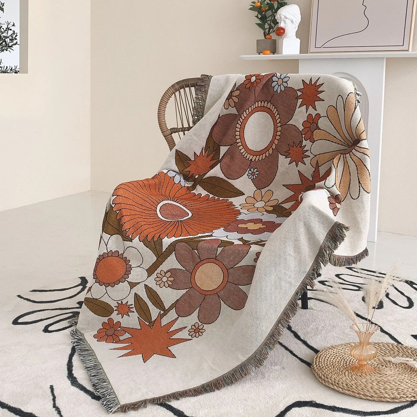 Sunflowers outdoor rug with a retro floral design in orange and rust tones, perfect as a vintage-inspired picnic mat or bohemian tapestry throw.