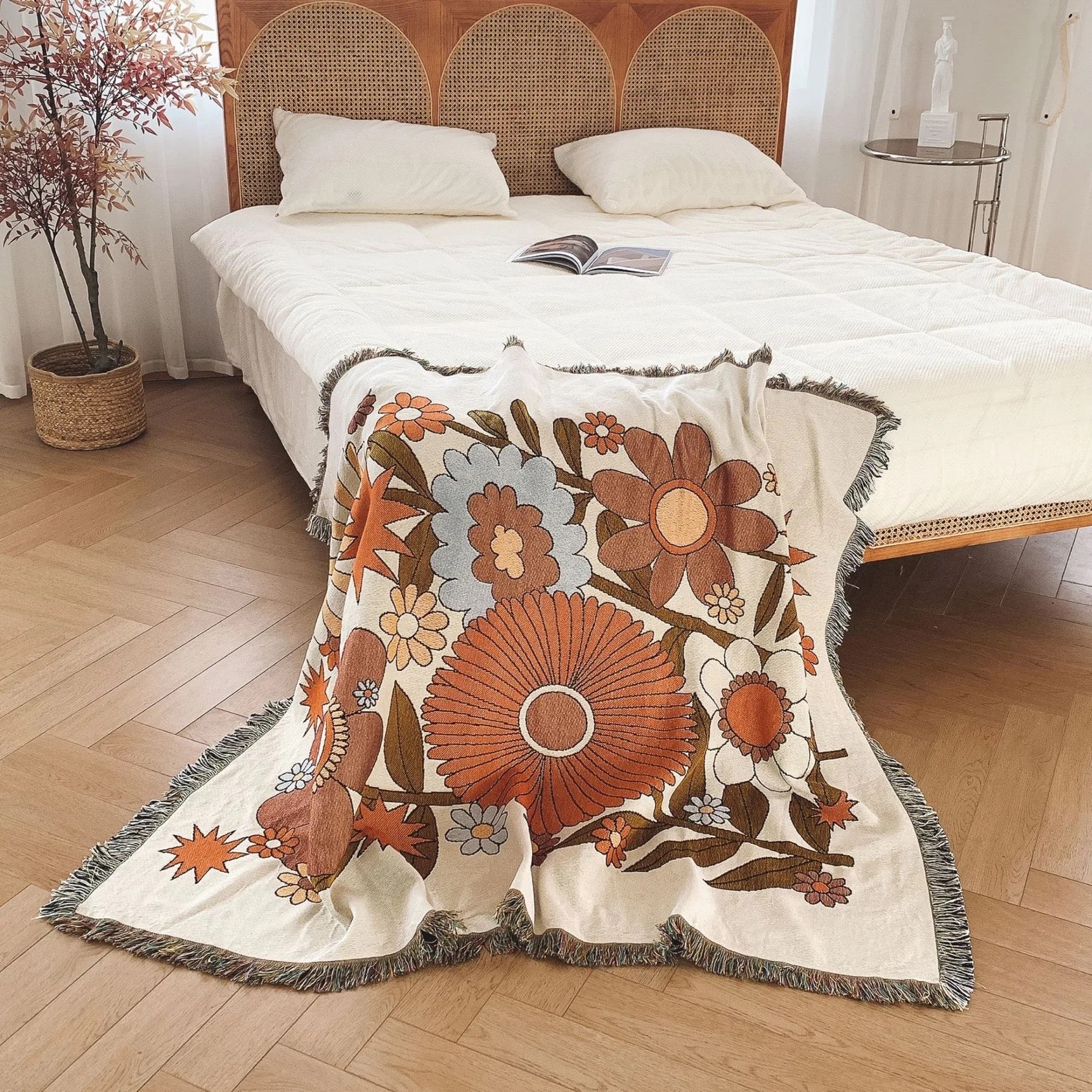 Vintage-inspired sunflower throw blanket with intricate floral design in orange and rust, suitable for use as a Nordic Bohemian bedspread, sofa cover, or outdoor camping blanket.