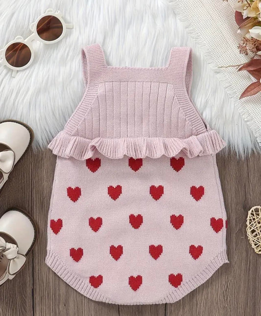 Soft baby girls knitting jumpsuit with heart print and ruffle details