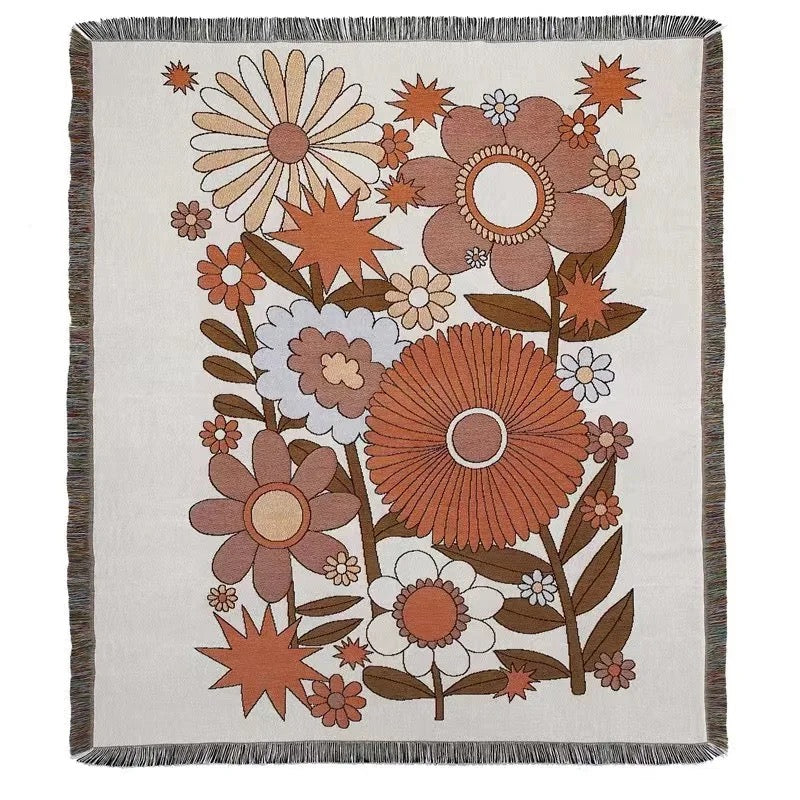 Woven tapestry blanket with a sunflower pattern and retro fringe, crafted from 100% cotton, perfect for boho home decor or as a soft picnic mat.